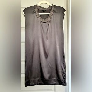 Theory Charcoal Satin Mini Dress with Chain Neckline